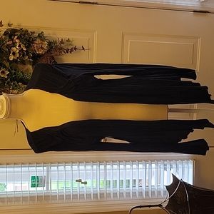 Olivia Moon navy blue open front cardigan long slv stretch gathered trim L EUC …